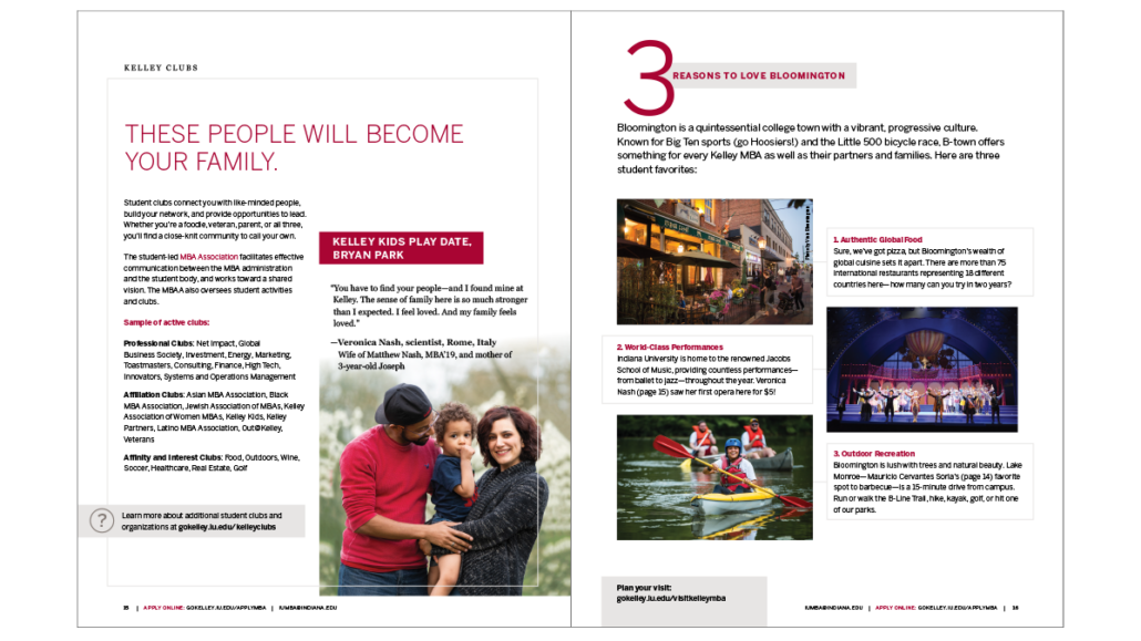 Kelley MBA Viewbook spread showing family benefits and three reasons to love Bloomington