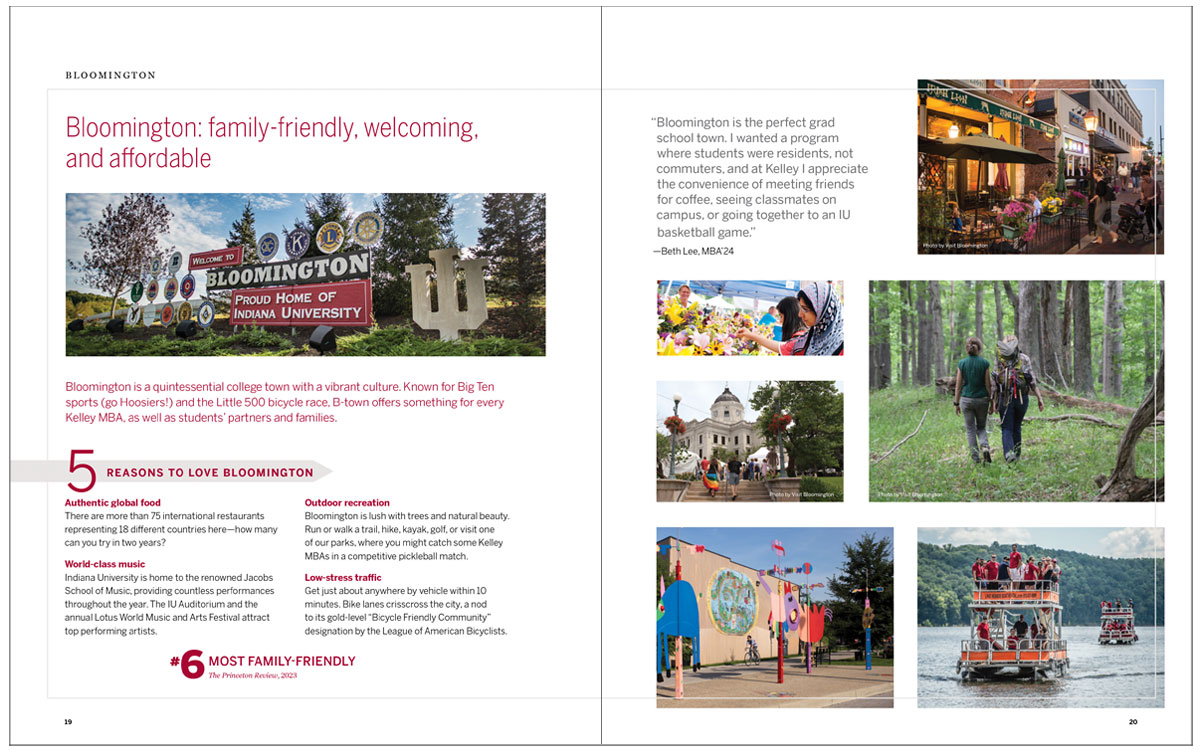 MBA Viewbook interior spread showing pictures of Bloomington. The text says "Bloomington: family-friendly, welcoming and affordable"