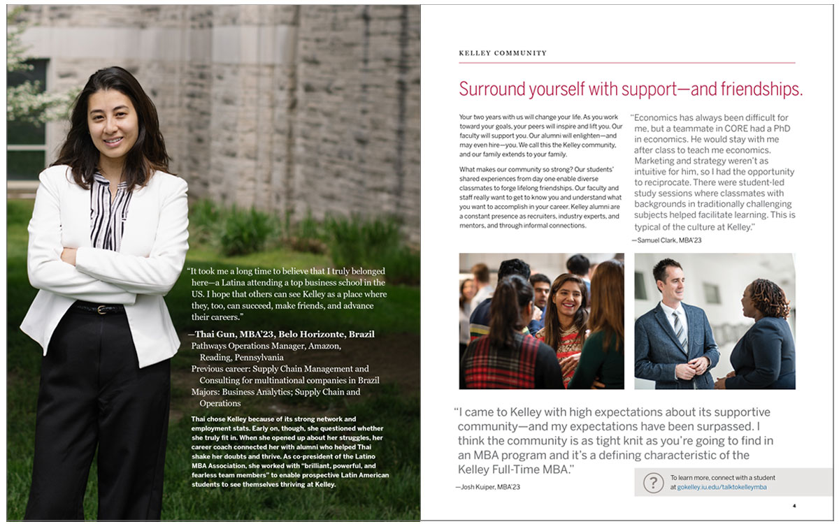 MBA viewbook interior spread showing a female student on one page, dressed in business attire and standing outside. The opposite page focuses on the Kelley Community and says "Surround yourself with support—and friendships."