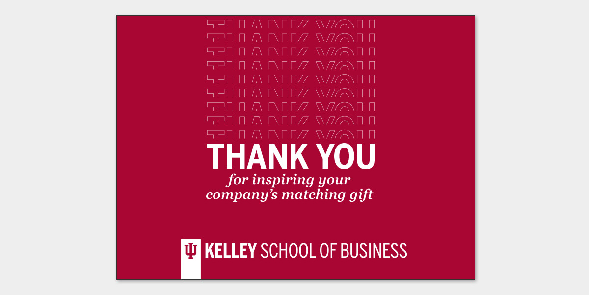 A red birthday card that says "Thank you for inspiring your company's matching gift". The "Thank you" has a fade effect from above.