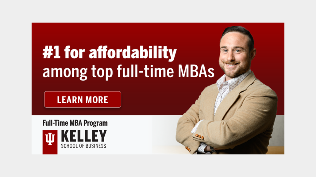 elley Full Time MBA Static Ad showing number 1 for affordability and a smiling male student