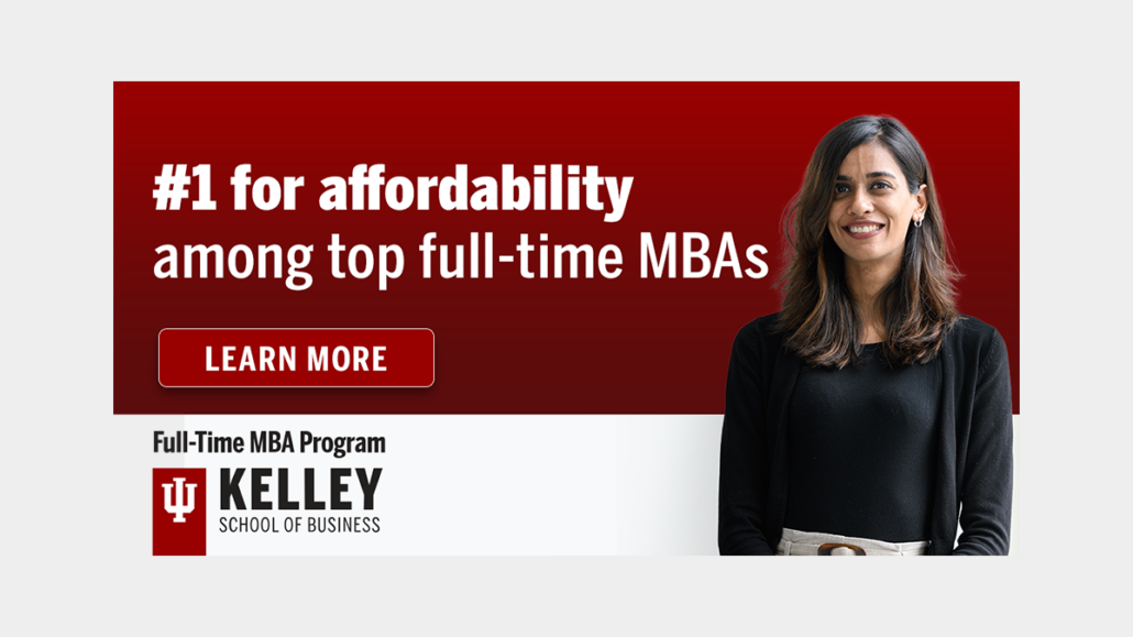 Kelley Full Time MBA Static Ad showing number 1 for affordability and a smiling female student