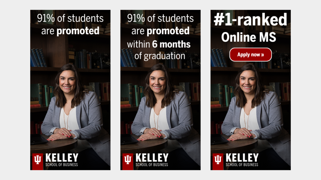 Kelley Online MS degree ad with number 1 ranking and a smiling student