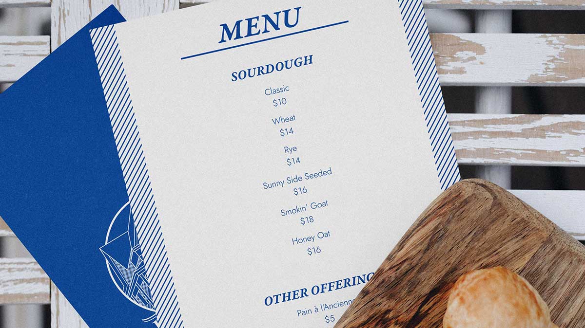 Brick House Bakery Menu - blue on the front, white on the back.