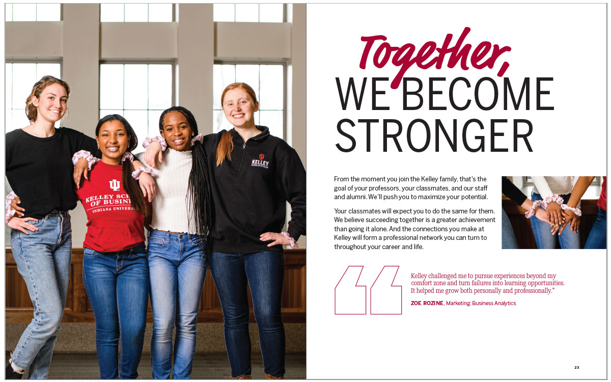 Ugrad viewbook spread showing female students in casual wear smiling at the camera. The text says "Together, we become stronger"