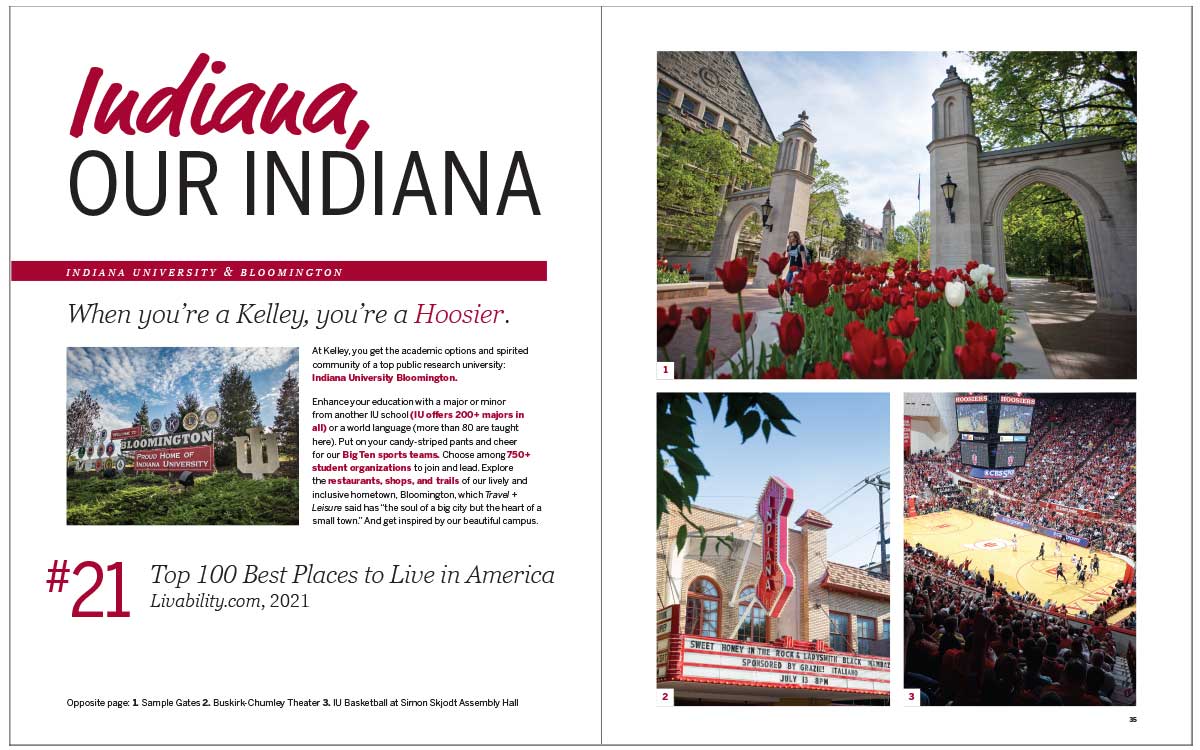 Ugrad viewbook spread showing photos of Bloomington, Indiana and stats on the livability.