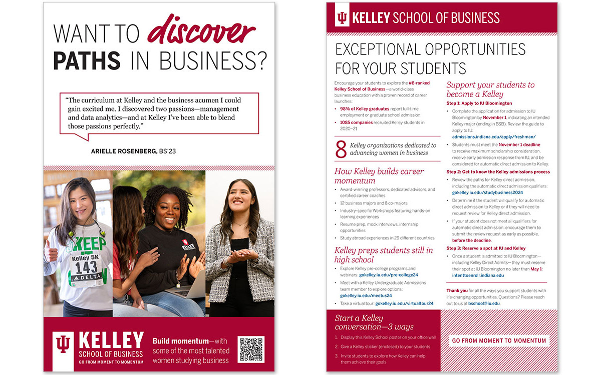 Front and back of a poster mailed to high school counselors. The front shows three women with a quote and the back says "Exceptional Opportunities for your Students"