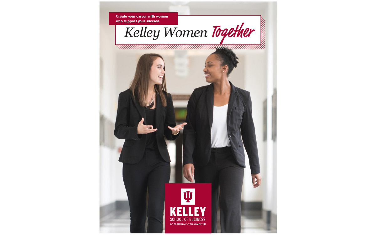 Undergraduate Women's Booklet cover, showing two female students walking in a hallway and talking. The text says "Kelley Women Together"