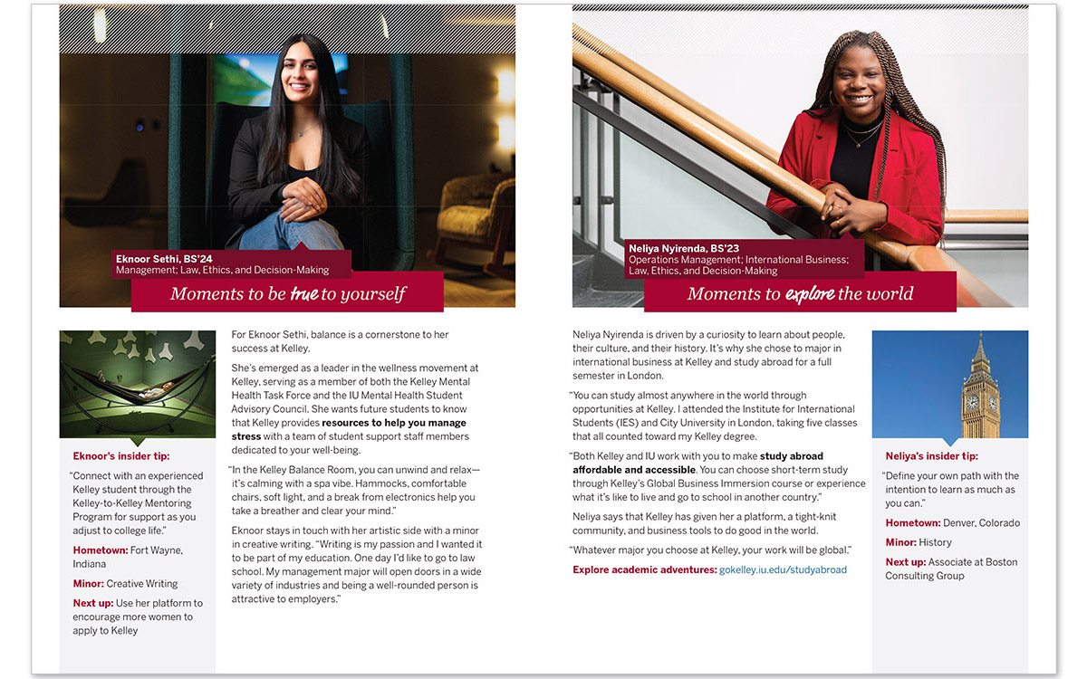 Undergraduate Women's Booklet spread showing two female students discussing experiences at Kelley School of Business