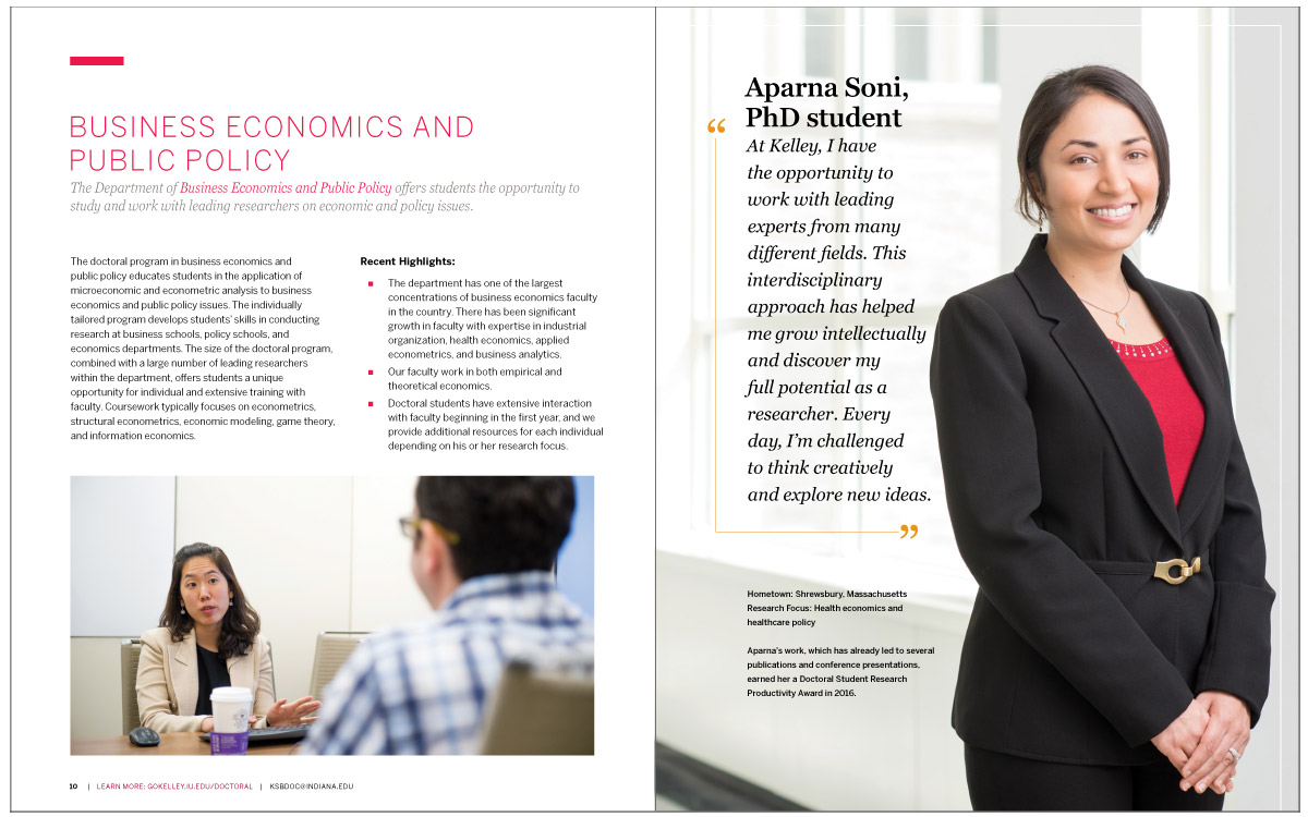 Doctoral Viewbook interior spread showing an image of a female student smiling at the camera and a list of Business Economics and Public Policy department highlights.