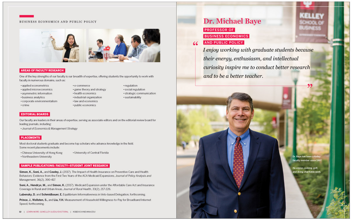 Doctoral Viewbook interior spread showing an image of a male professor smiling at the camera and a list of publications on the other page.