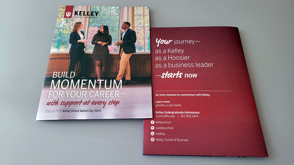 Direct Admit Day Folder front and back cover. The front cover shows three students in business attire talking to each other. The back says "Your journey starts now"