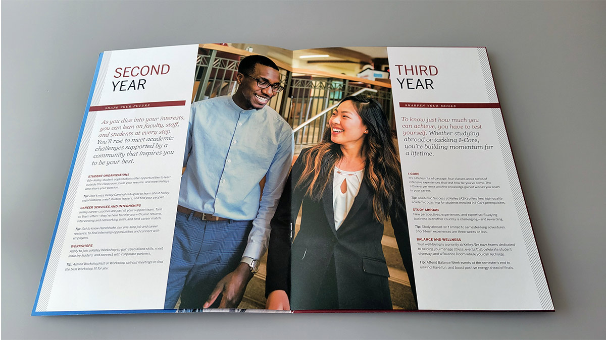 Direct Admit Day Folder spread showing male and female smiling and looking at each other. The text is about Second and Third Year experiences