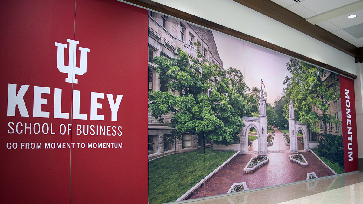 Conrad Prebys Career Services Folding Wall graphic. The graphics include the Kelley School of Business logo and an image of Sample Gates in the middle.