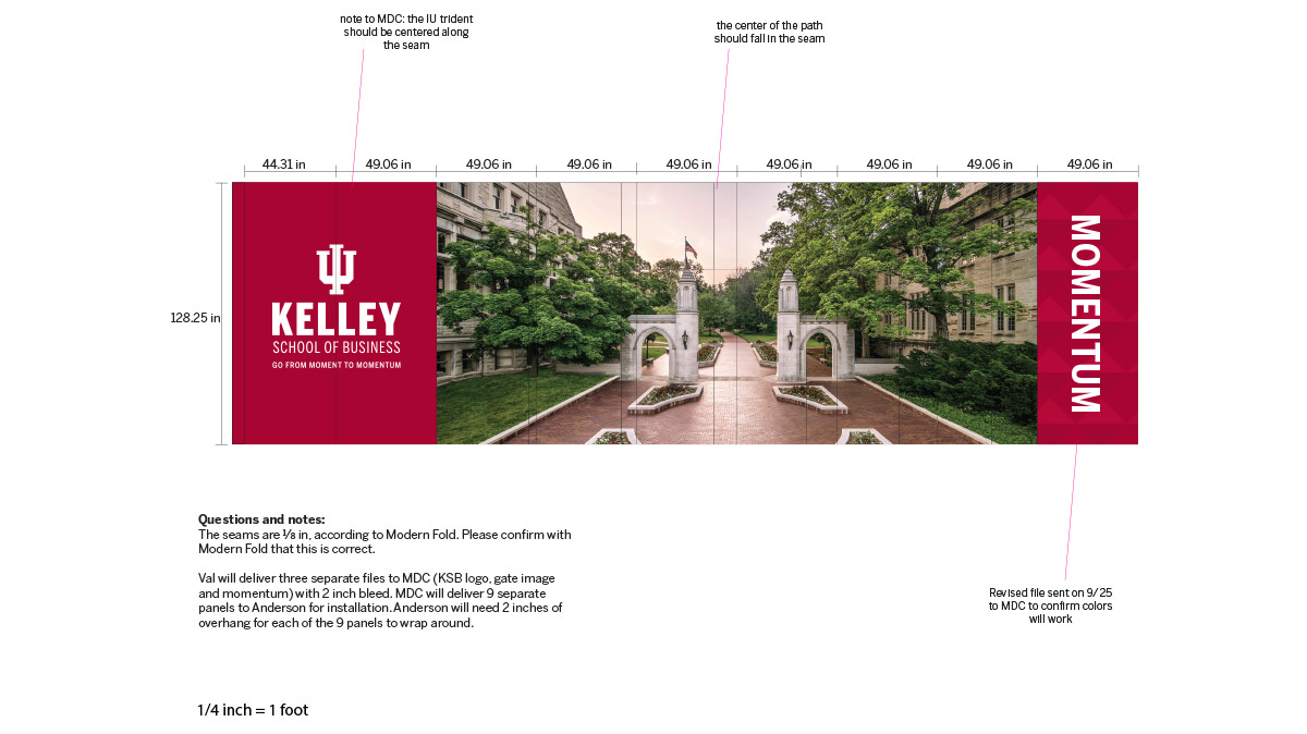 Conrad Prebys Folding Wall schematic - it shows the placement of the folding wall graphics on each panel. The graphics include the Kelley School of Business logo and an image of Sample Gates in the middle.