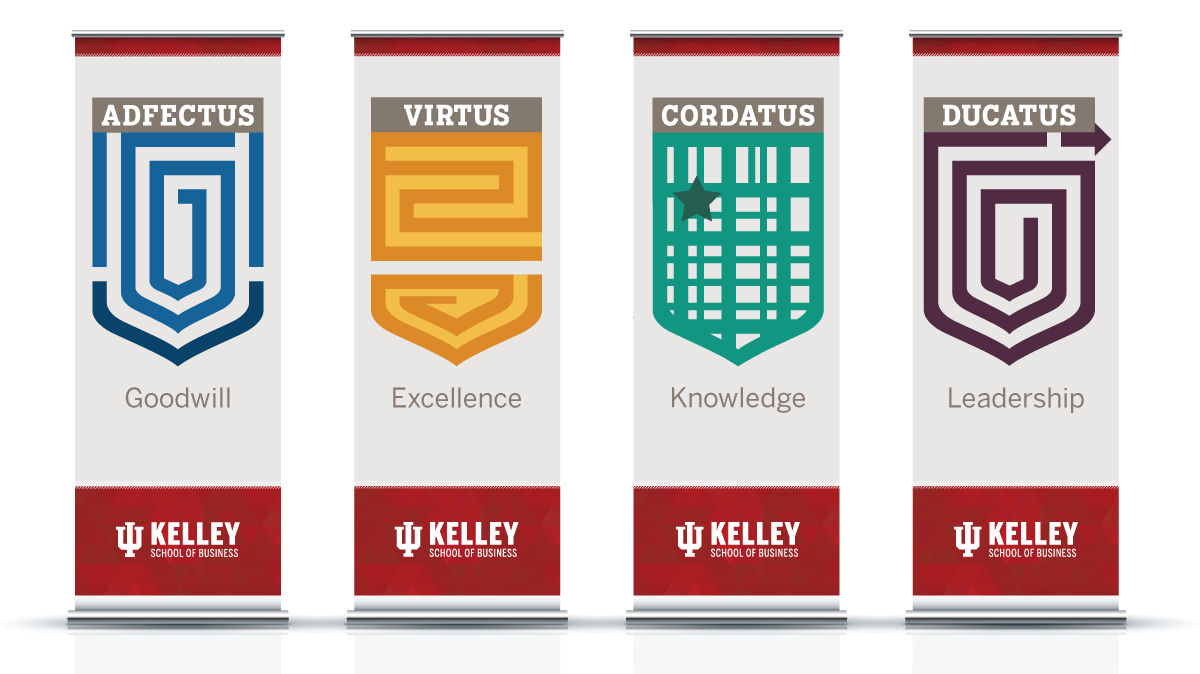 Jellison Living Learning Center House Banners displaying Goodwill, Excellence, Knowledge, and Leadership