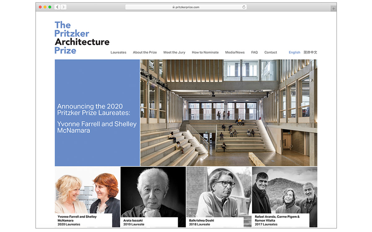 Pritzker Prize Website displaying the homepage and the 2020 laureate announcement. Previous laureates are featured below.