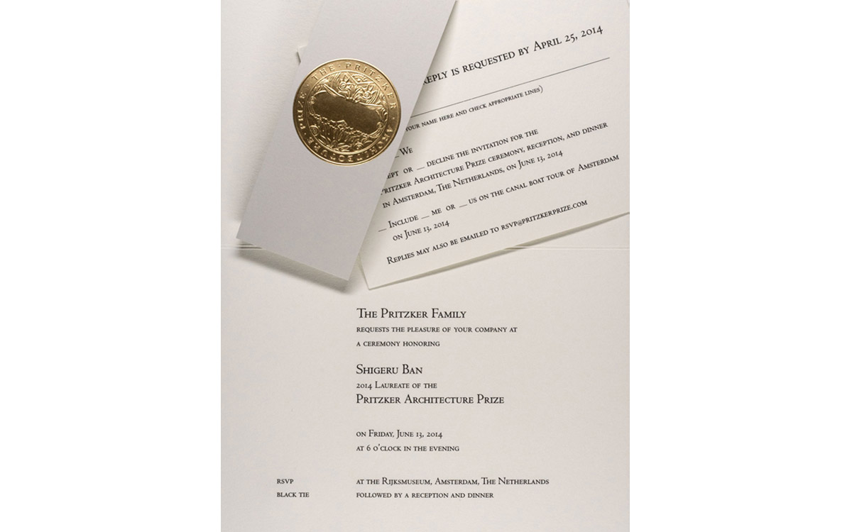 The Pritzker Prize Awards Ceremony invitation - the materials are engraved with a gray obi and gold foil embossing.