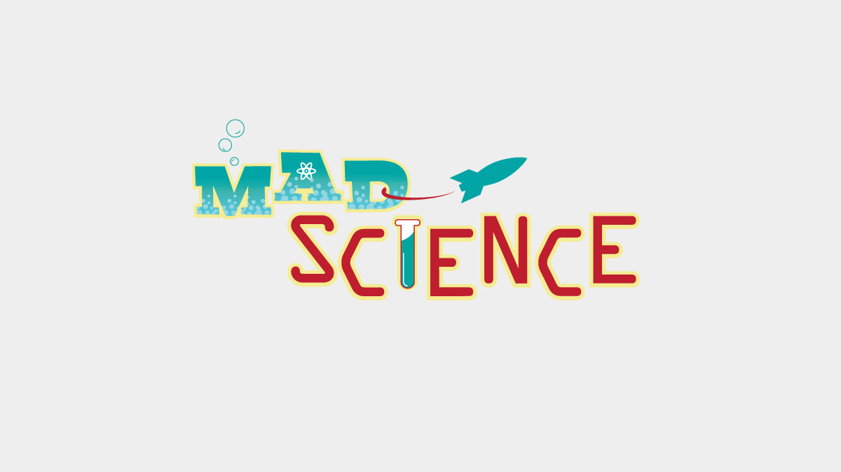 Mad Science Identity showing a play on bubbles, rockets and test tubes
