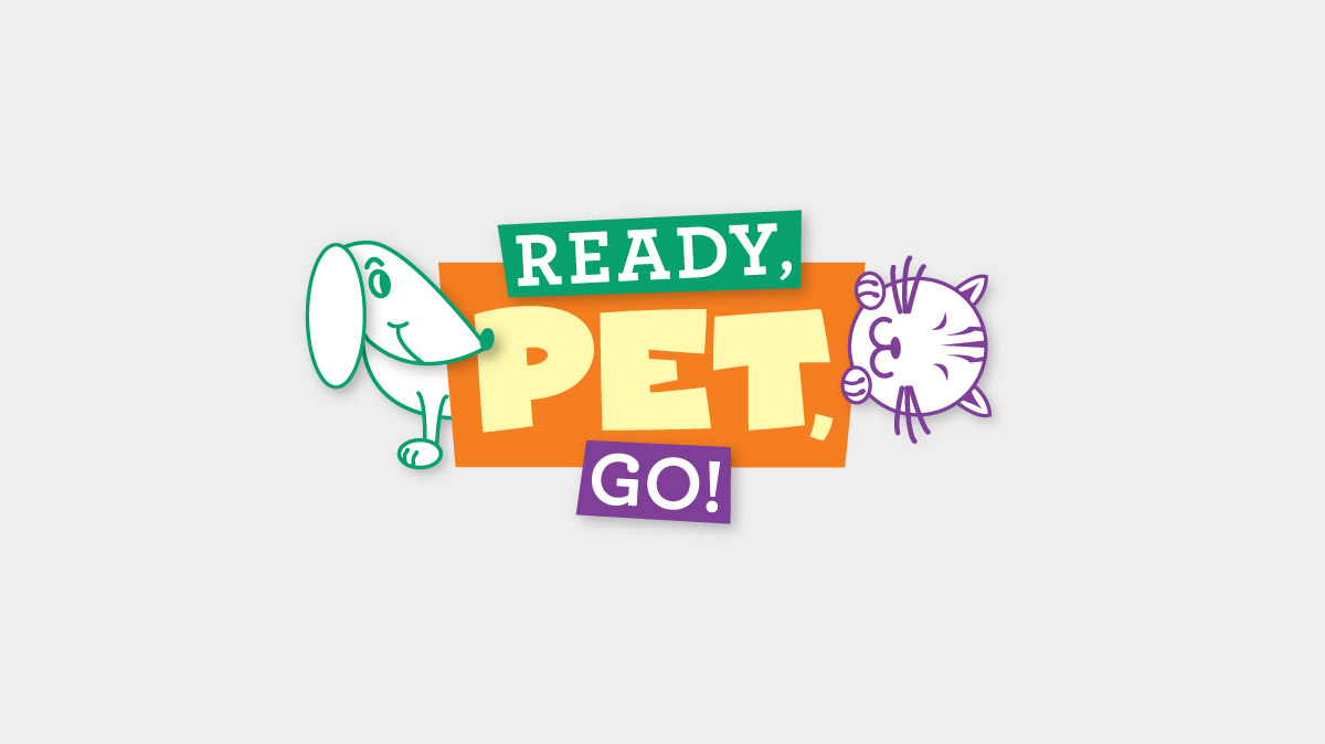 Ready Pet Go Exhibit Logo with illustrated dog and cat peeking out behind the sign