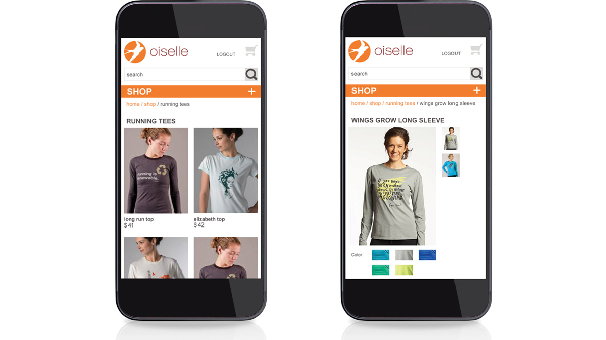 Oiselle Mobile Site shop page with several shirt options and individual product page
