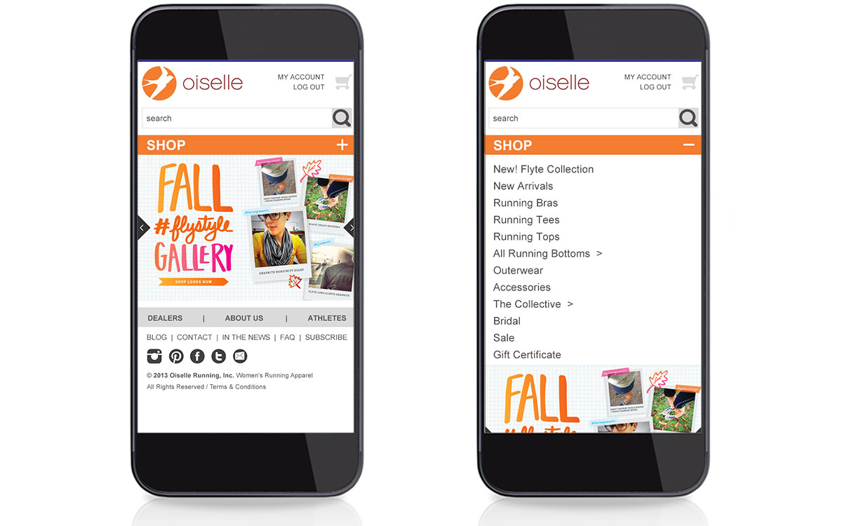 Two cellphone images showing the homepage and the dropdown menu of the Oiselle mobile website.