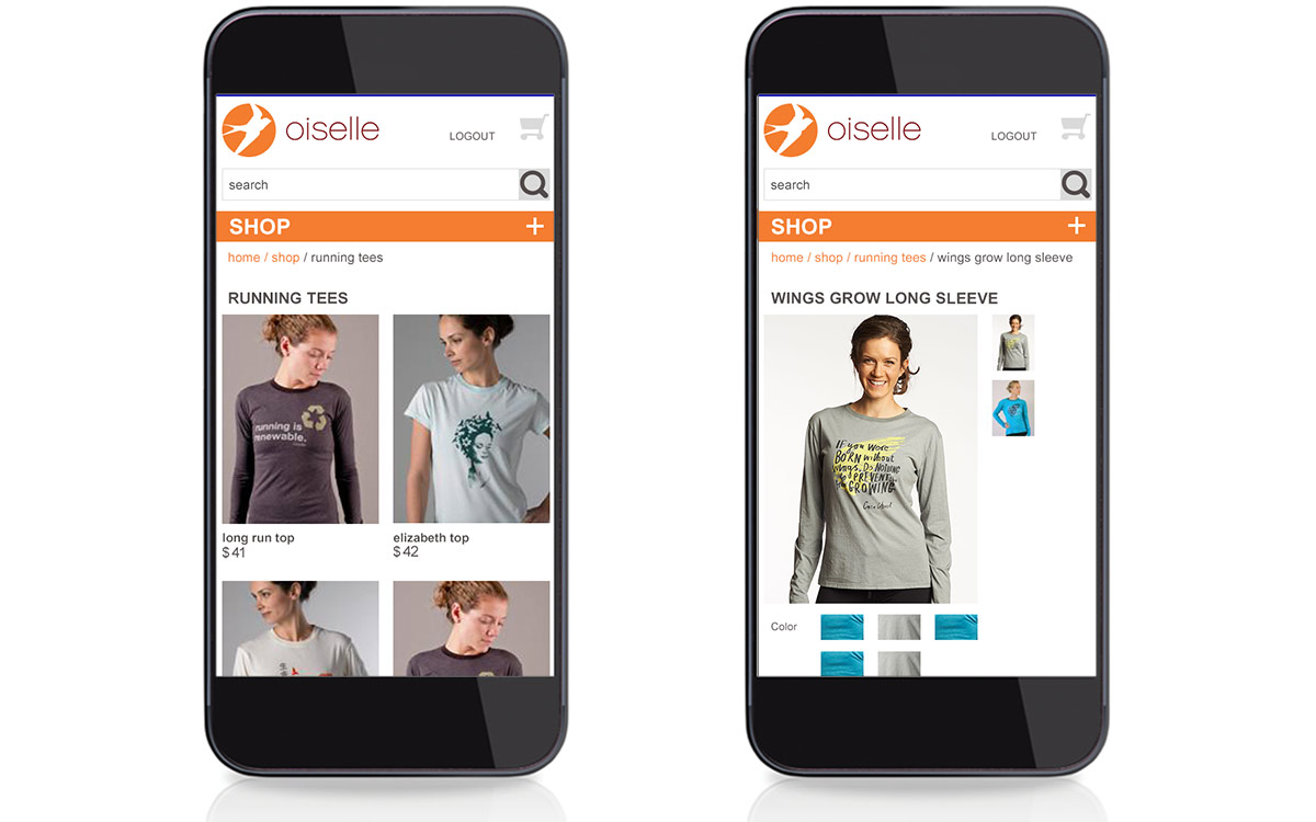 Two cellphone images displaying the shop section of the Oiselle mobile site