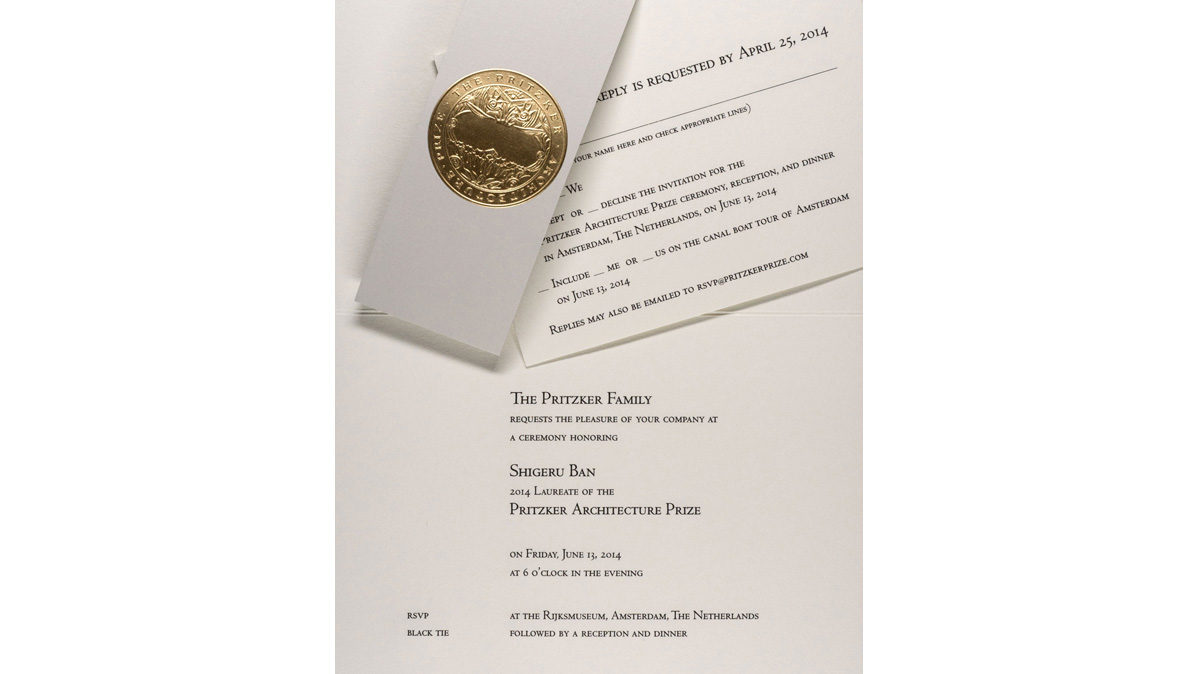 Engraved invitation to the Pritzker Architecture prize showing package obie with gold foil stamp of the medal