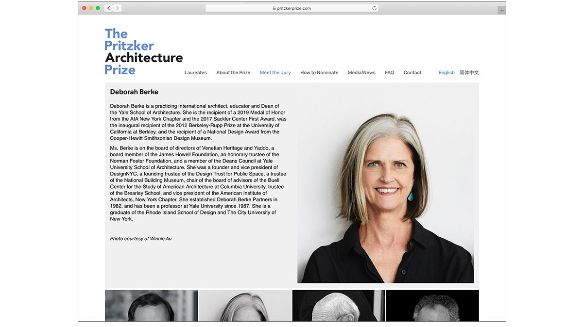 Pritzker Architecture Prize Judge page showing Deborah Berke