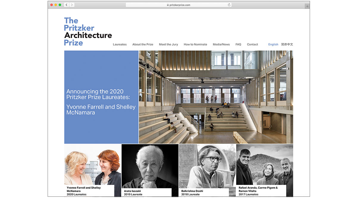 Pritzker Prize homepage showing laureates from 2020 and before