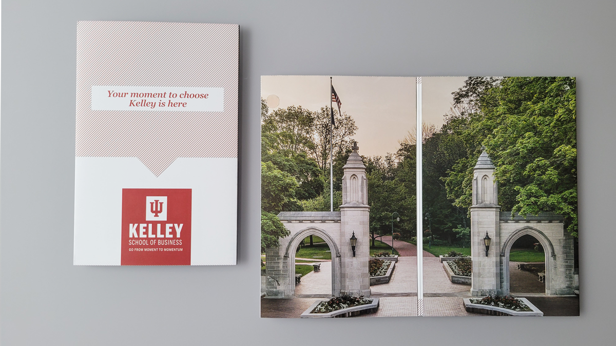 Interior of Undergraduate direct admit gate folded card that says "you belong at Kelley"