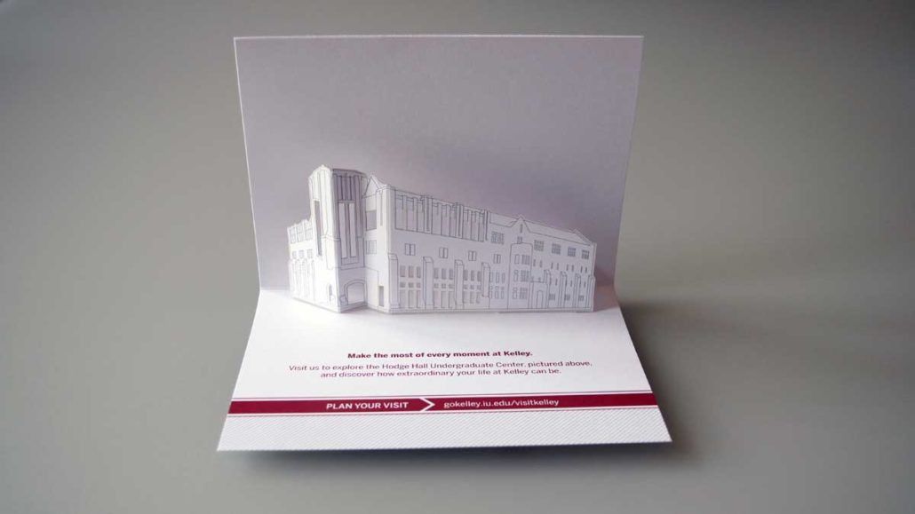 Kelley School of Business Pop Up Card showing exterior of Hodge Hall as pop up