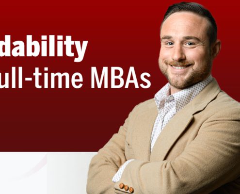 Thumbnail image of social media graphic, featuring male full time MBA student standing in front of red background