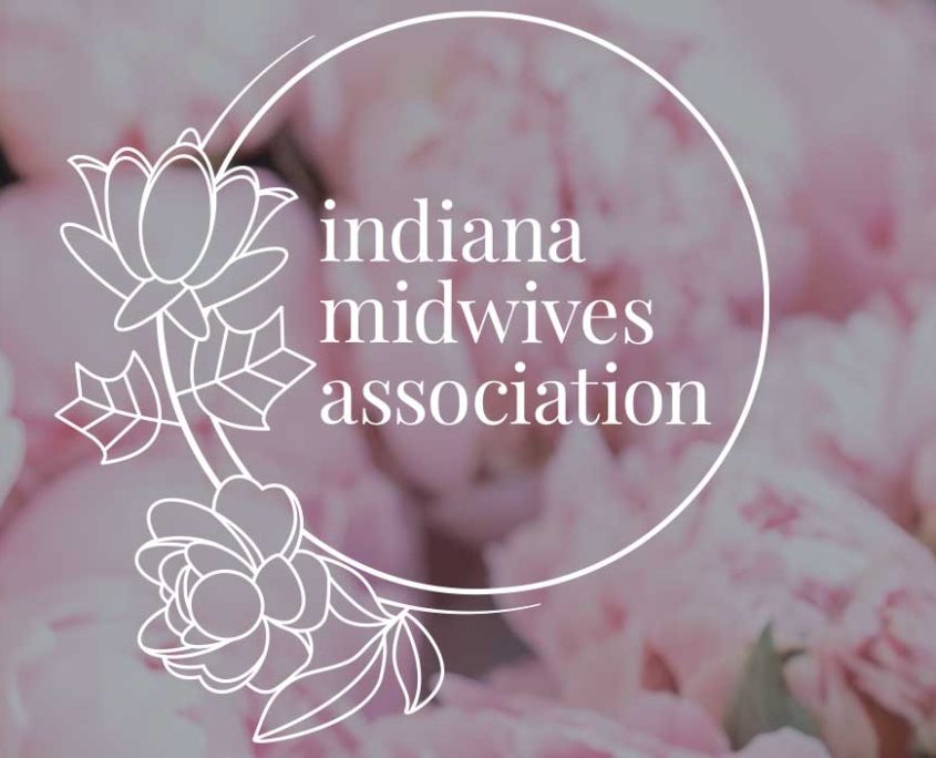 Circular white logo with tulip tree flower and peony with the words "Indiana Midwives Association". Blurred pink peonies are in the background