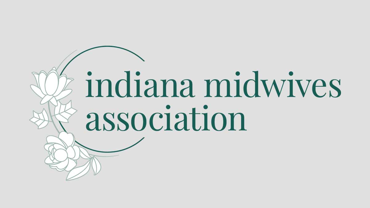 White and green logo with gentle curves and Tulip Tree flower and peony with the words "Indiana Midwives Association"