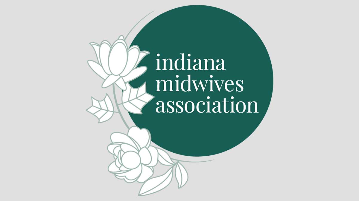 Circular white and green logo with tulip tree flower and peony with the words "Indiana Midwives Association".