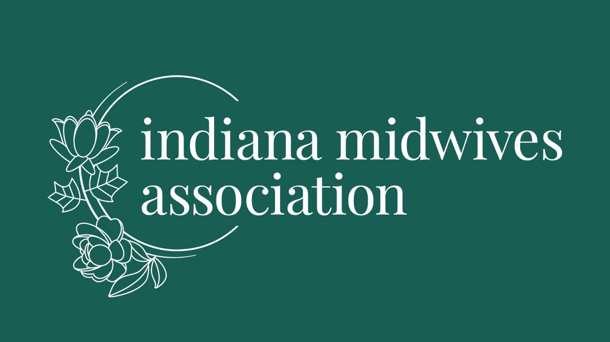 White logo with gentle curves and Tulip Tree flower and peony with the words "Indiana Midwives Association"