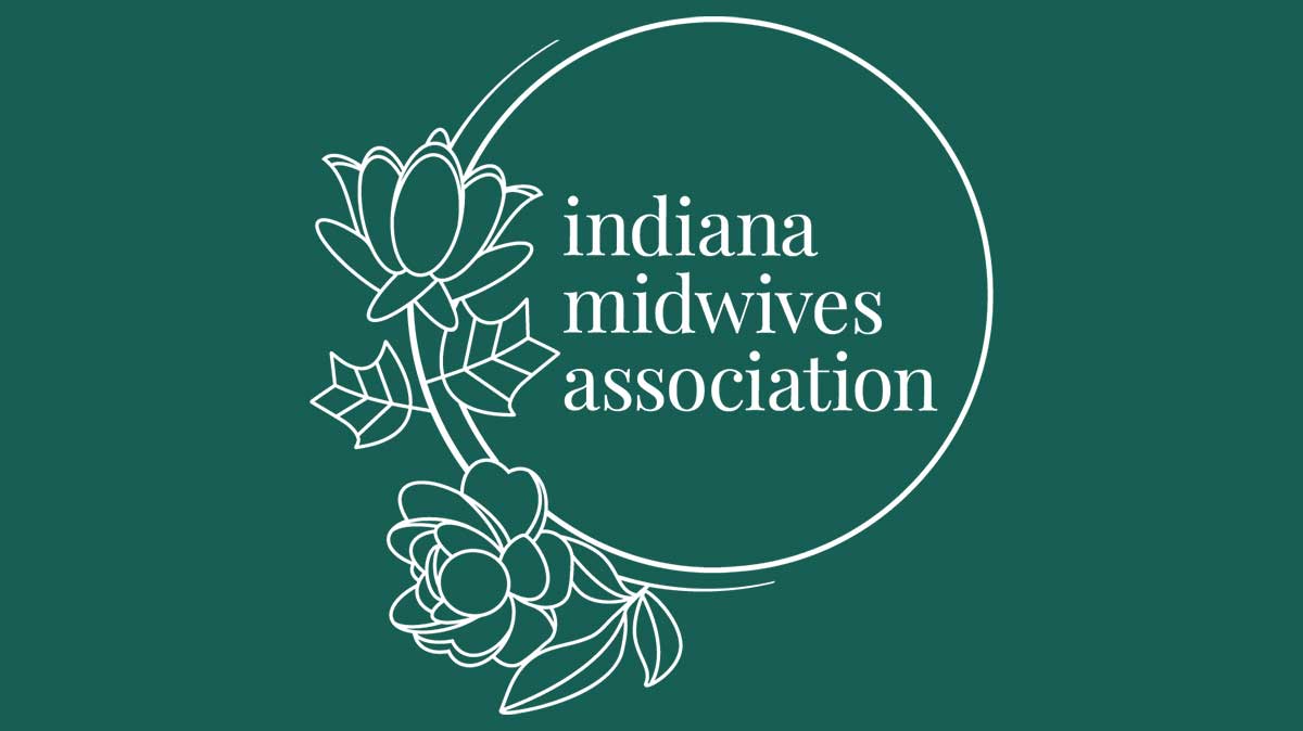 Circular white logo with tulip tree flower and peony with the words "Indiana Midwives Association". The background is green.