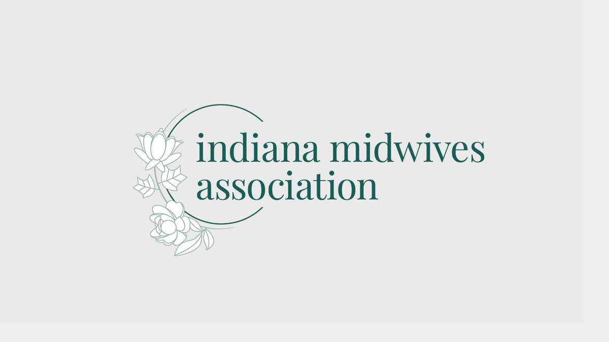 Green and white logo with gentle curves and Tulip Tree flower and peony with the words "Indiana Midwives Association"