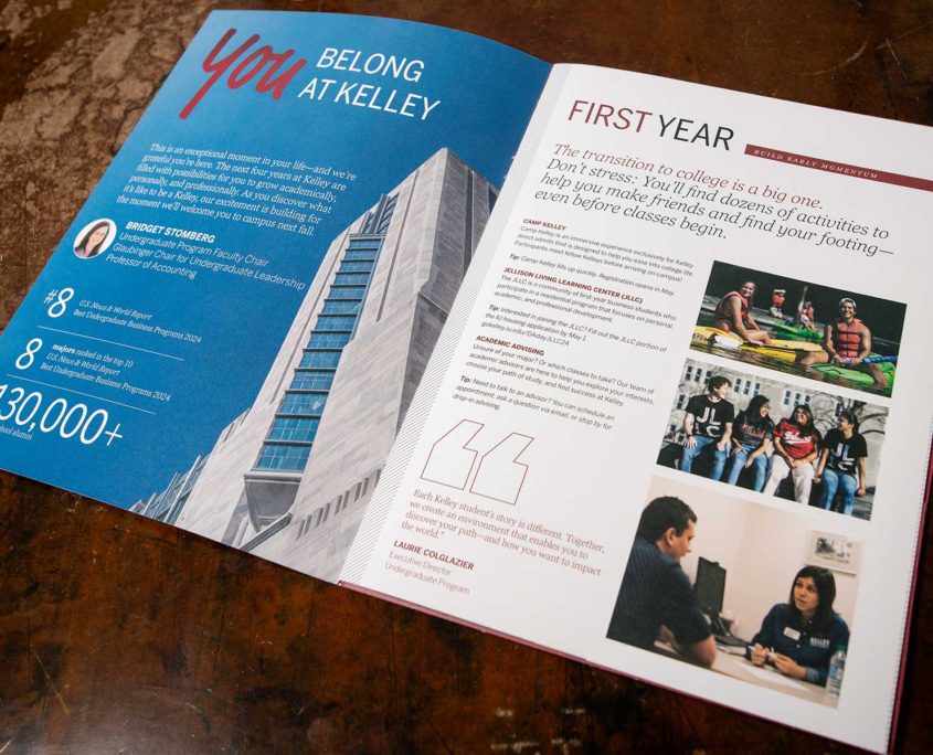 An interior page of the Direct Admit Day Folder. The inside cover says "You belong at Kelley" and the interior page is describes a student's first year.