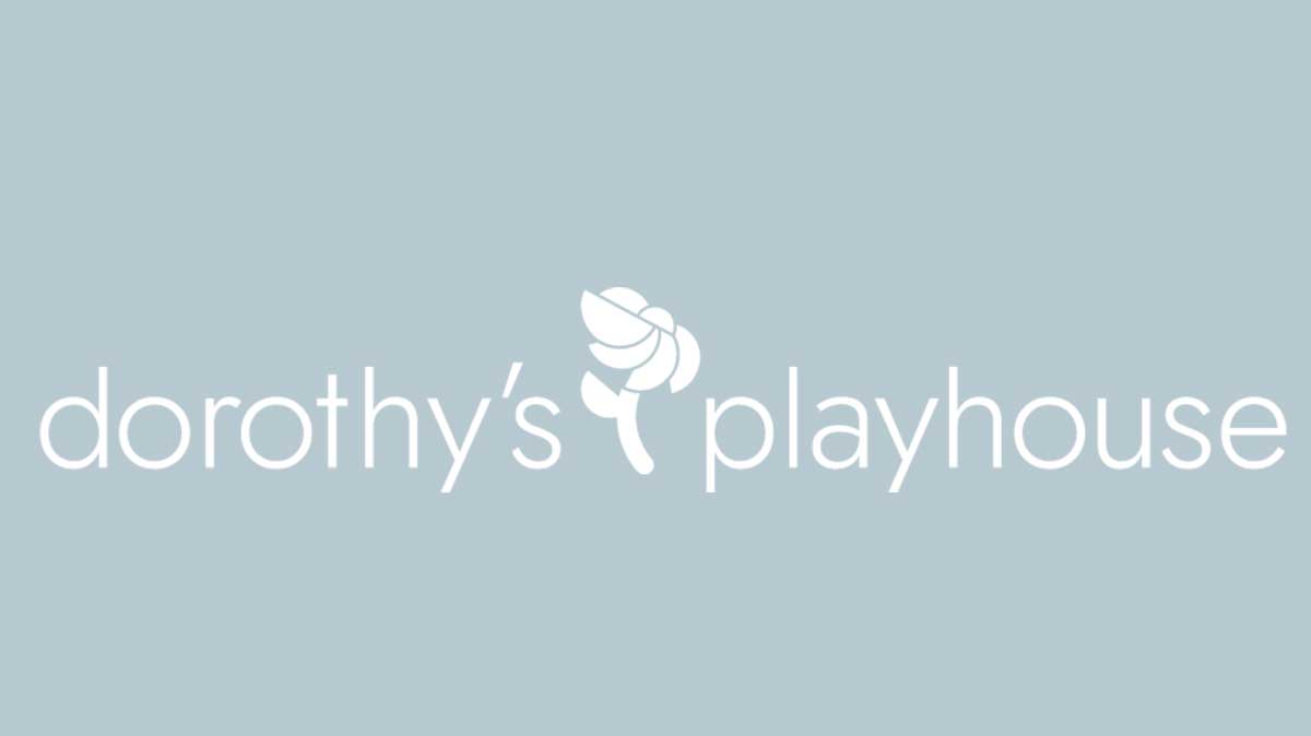 White logo of Dorothy's Playhouse with Bauhaus san serif font and geometric floral logo mark.