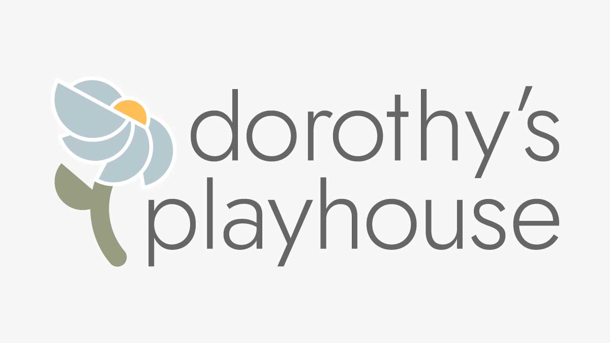 Color Dorothy's Playhouse logo on blue background with geometric floral logo mark